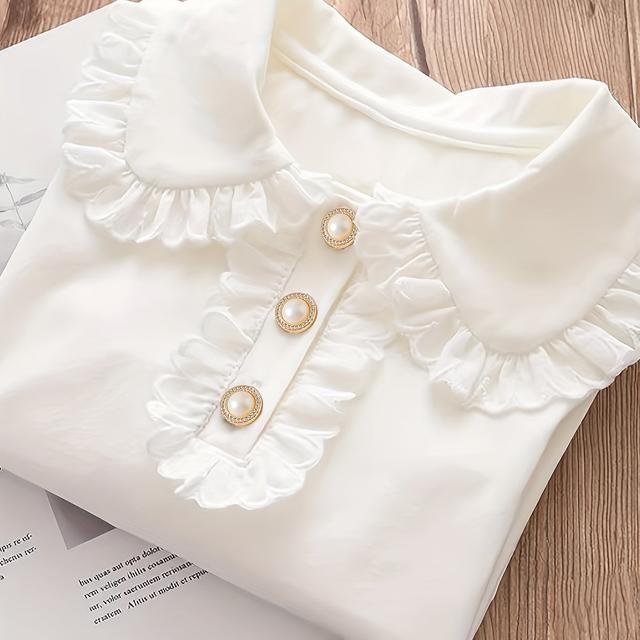 TEMU 95 % Baumwolle Mädchen Puppenkragen Dünnes Langarm T-Shirt, Frühling/Herbst Weißes Oberteil mit Umlegekragen für Mädchen