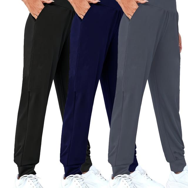 TEMU 3 Stück Damen-Hochtaill-Yoga-Hose - Stretchy, lockerer Schnitt mit , einfarbig schwarz, perfekt für Fitness, Laufen & Freizeitbekleidung, Workout-Hose, Hose mit hoher Taille, bequemer Schnitt