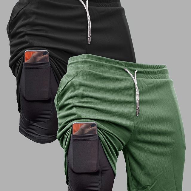TEMU 2pcs Men's Summer Shorts 2-in-1 Quick-dry Double-layer Casual Athletic Knee-length Pants, High-quality Fitness & Sports Shorts, Stretchy Breathable Shorts