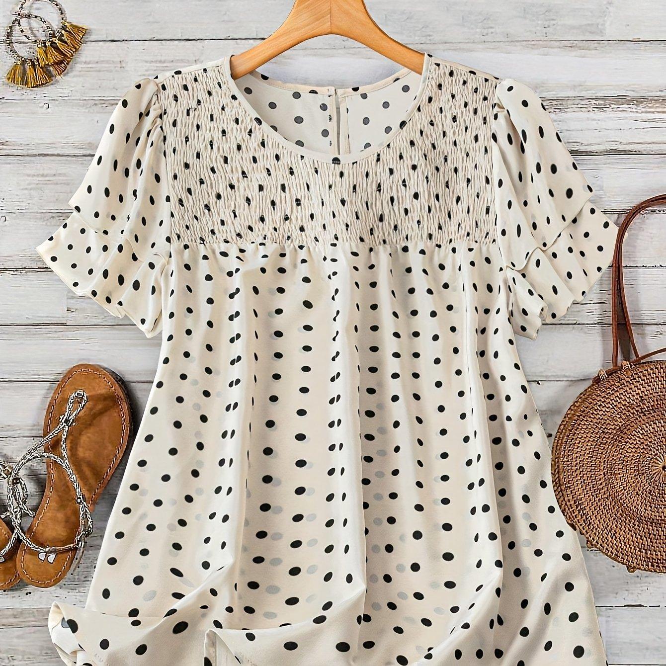 TEMU Plus Size, Cross-border Plus-size Elegant Round-neck Top With Small Polka Dots