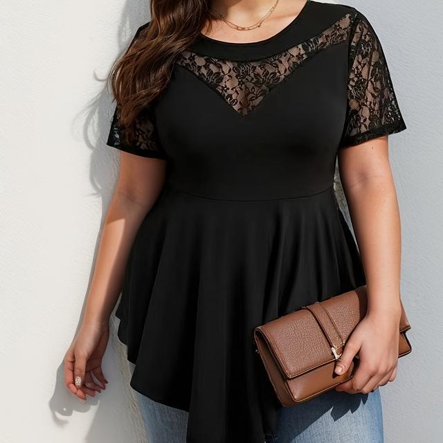 TEMU Plus-size Women' Solid Color Lace Asymmetrical Short-sleeve T-shirt