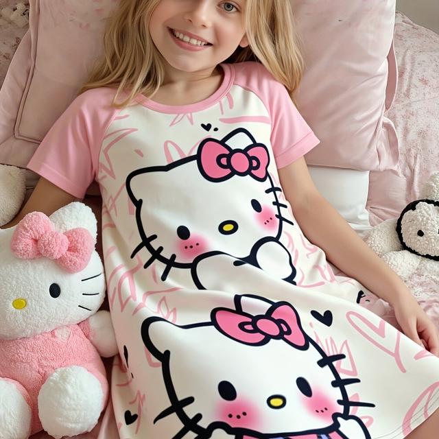 TEMU Hello Kitty Flame Retardant Girls' Off-shoulder Sleeve Heart Bow Print Nightgown
