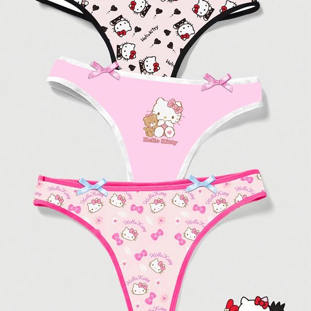TEMU Hello Kitty Officially Licensed Women's Cartoon Panties 3pcs Set - Cute Pink Bow & Alphabet Print With Fashionable Bow Detail