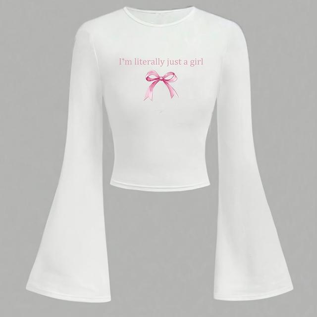 TEMU بلوزة بناتية بكم طويل وأكمام واسعة وطباعة إنجليزية مع ربطة، مثالية للخروج اليومي والحفلات والنزهات والسفر - هدية عيد ميلاد أو عطلة مثالية لفصلي والشتاء