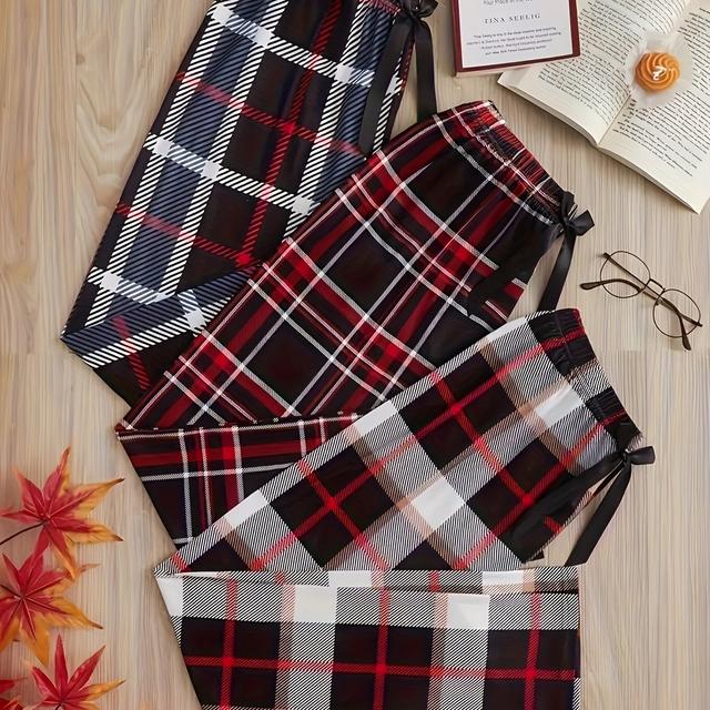 TEMU 3pcs Pajama Pants Set, Classic Checkered Pattern, Vintage Color Scheme. Features Black Drawstring Waistband And Relaxed Fit. Ideal For