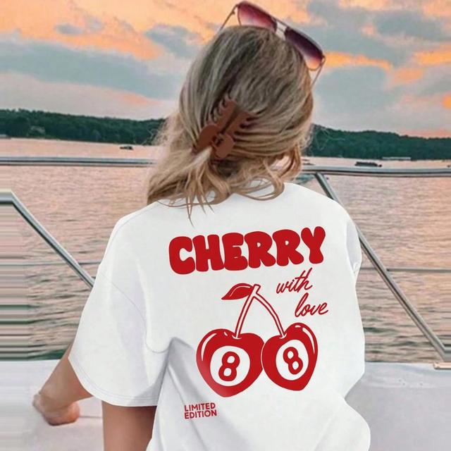 TEMU Girls' Casual Short Sleeve T-shirt With Cherry & Cherry Cartoon Print - White Summer Round Neck Top, Hand Wash Only, Shirts For Girls, Outdoor Attire