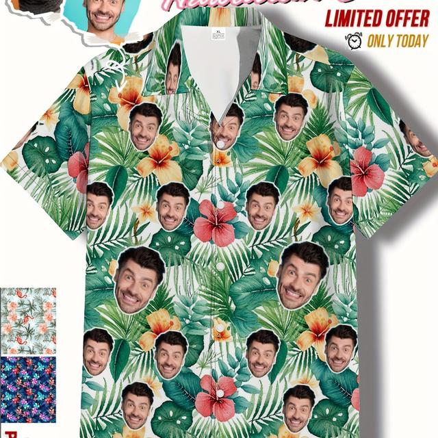 TEMU Custom Men's Hawaiian Shirt - 3d Full Print Design, Personalized Photo Or Logo, Tree & Pattern, Comfortable Short Sleeve For Summer Fun
