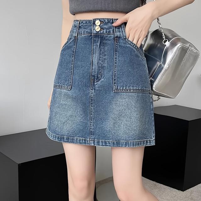 TEMU กระโปรงเดนิมลอยสไตล์วิntage คาดเข้ารูป A ผ่