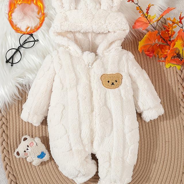 TEMU Дитячий ромпер з капюшоном на флісовій підкладці з ведмедячими вушками та вирізами у формі серця - м'який плюшевий зимовий костюм, рукав і ноги, машинне прання, для вулиці