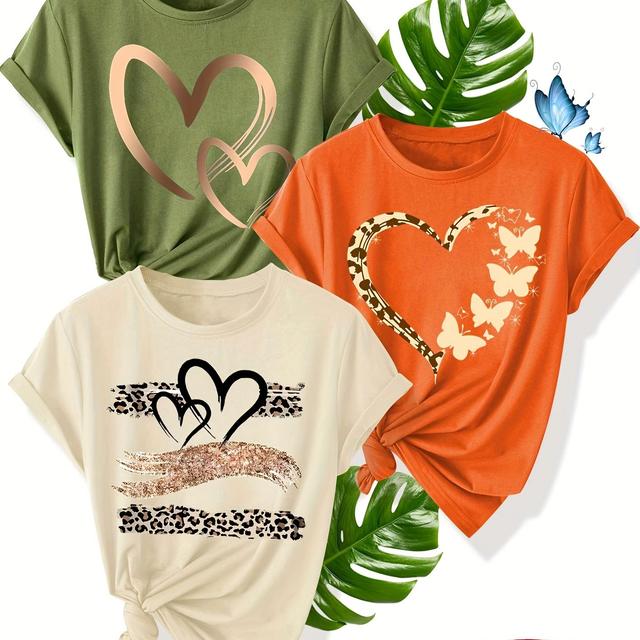 TEMU Série Heart - Ensemble Pièces pour Famille, Amis et Sœurs - T-Shirt Décontracté Sportif à Col Rond et Manches Courtes pour Femme - Style Vintage Imprimé - Été - Plusieurs Couleurs Disponibles
