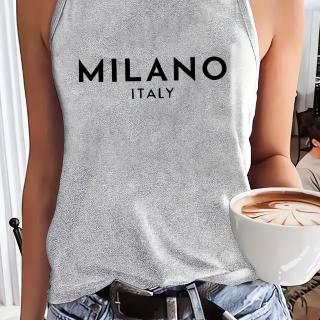 TEMU เสื้อยืดสั้นไหล่ ไมลาน อิตาลี - สไตล์แคชชวล ไม่มีแขน ผ่อนคลาย สีเทาเข้ม พร้อมตัวหนังสือ "ไมลาน อิตาลี" เหมาะสำหรับฤดูใบไม้ผลิและฤดูร้อน สวมใส่สบาย|เสื้อแนวอิตาเลียน|เนื้อผ้ายืดหยุ่น