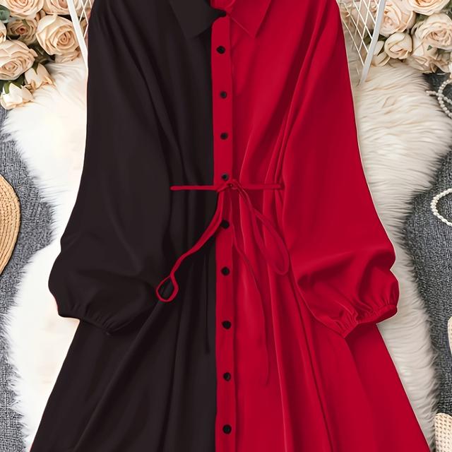 TEMU Plus-size Women's Elegant Color-block Collared Shirt Dress With Drawstring Waist - Slim-fit Long Sleeve Machine Washable Solid Color Dress For Spring Summer Fall, Everyday , Flowy Fabric