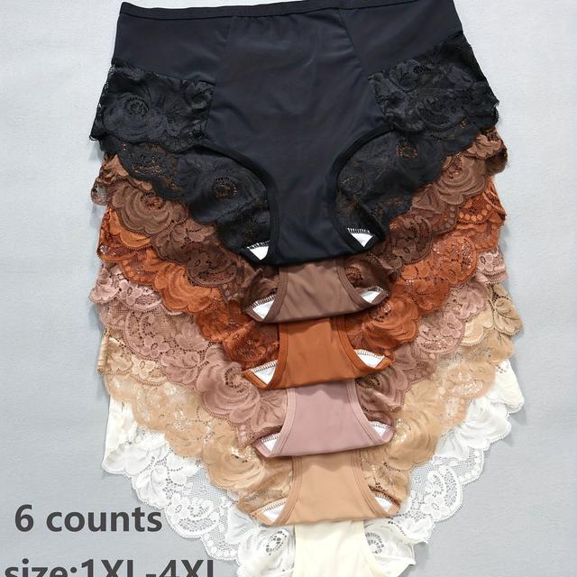 TEMU 6-pack Women's High-waisted Sexy Lace Trim Triangle Panties - Ice- Nylon Blend, Stretch, , Assorted Colors (black/brown/beige/peach/white/light Brown) - Plus Size