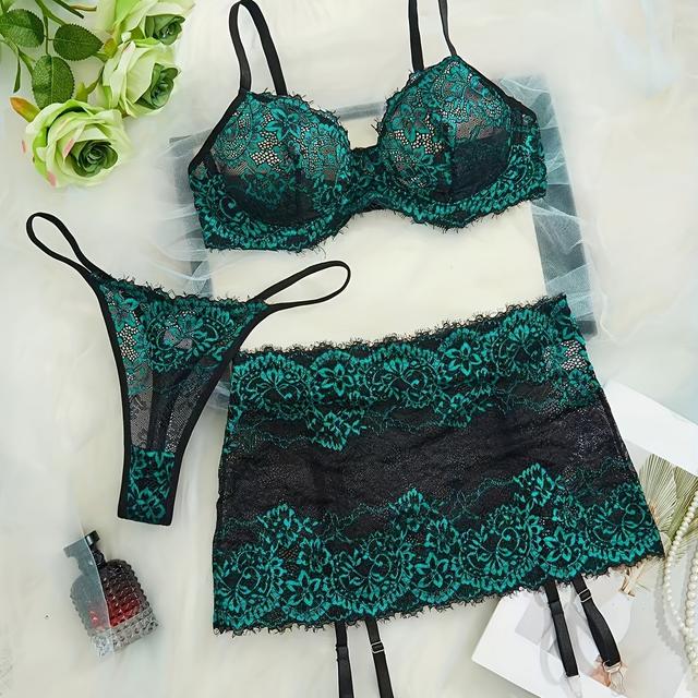 TEMU Full Lingerie Matching Bra & Underwear - Lace Trim Semi-sheer Matching Panties, Bra Set For S, Hand Washable Mature Female Underwear Collection