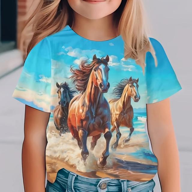 TEMU 3d Horses On Water Tee, Girls Casual & Trendy T-shirt For , Girls Comfy Clothes For Street Wear