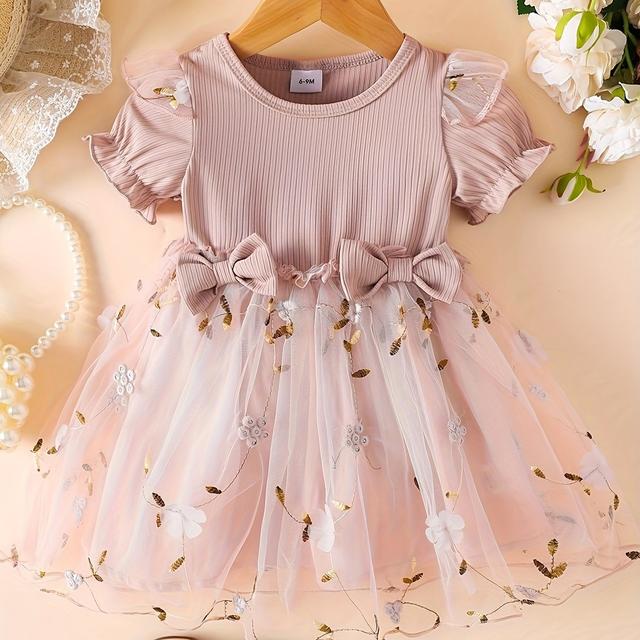 TEMU Charming Infant Casual Dress & Mesh Skirt With Bow Detail - Outfit For , Solid Color, Non-stretch Fabric, Regular Fit