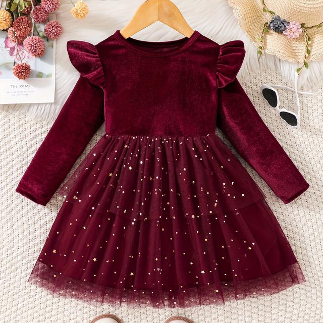 TEMU Young Girl's Spring And Autumn Dress With Lace Hem And Flying Sleeves With Stars