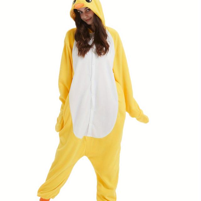 TEMU Costume Onesie Confortable pour Adultes - Pyjama en à Capuche avec Manches Longues, Fermeture à Boutons - Jaune & Blanc, Tailles Multiples pour - Idéal pour Halloween & Cosplay de Noël