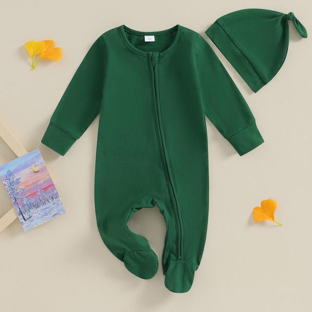 TEMU Baby Girls 2pcs Casual Footies Rompers Clothes Solid Color Crew Neck Long Sleeve Zipper Fall Bodysuits With Hat, For Outdoor
