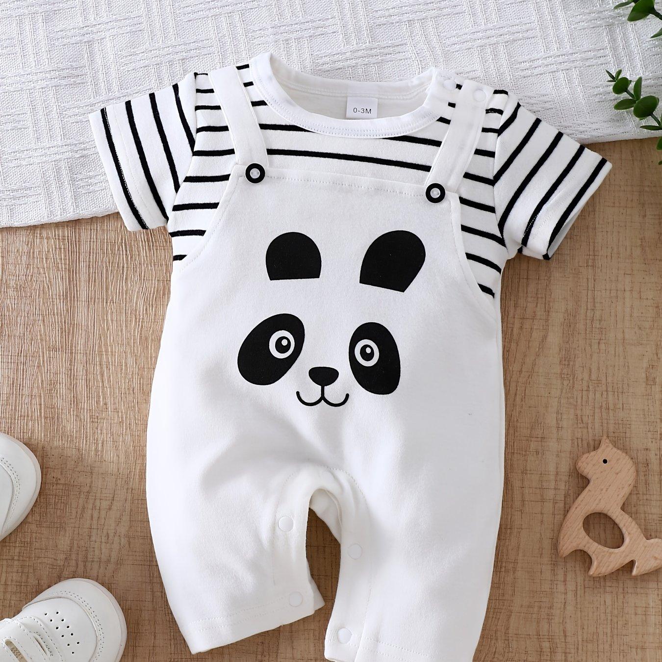 TEMU Boy's Cute Panda 2-in-1 Romper Set, Spring/summer Fake Suspenders Overalls Crawling Suit, 0-9m Striped Short-sleeve Bodysuit, Newborn Outerwear, Perfect For Outdoor