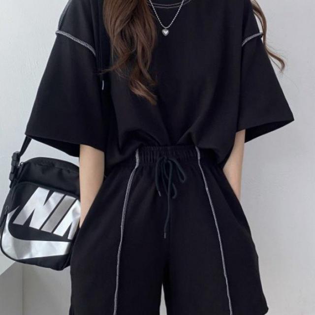 TEMU 韓国スタイルの夏のファッション、カジュアルでゆったりした、カップル向けのショートスリーブとショーツの2点セット