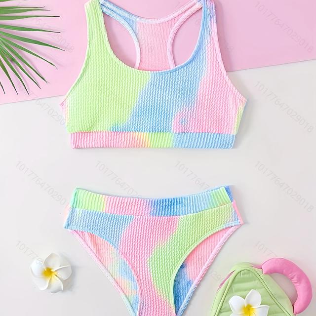 TEMU Stilvolles Mädchen-Tie-Dye Zweiteiler-Badeanzug mit Sport-Top und Hochtaillierte Shorts - Strand-Essential für den Frühlingsurlaub