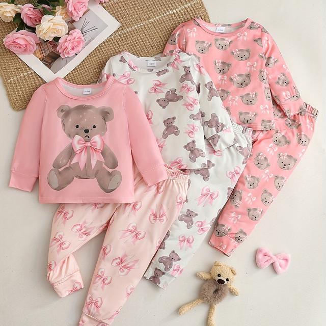 TEMU 3pcs 6pcs Conjunto de Pijama para Niñas con Estampado de Oso y Lazo, Manga Larga y Pantalón, Tela Suave y Cómoda, para Todas