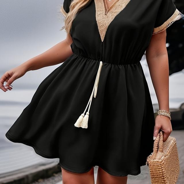 TEMU Kleid mit V-Ausschnitt und Spitzenbesatz in Übergröße, lässiges Kurzarmkleid mit Quastendetail und Kordelzug in der Taille für Frühling und Sommer, Damenbekleidung in Übergröße