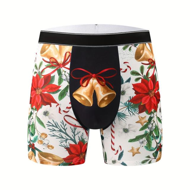 TEMU 1pc Men's Christmas Boxer Briefs - Festive Bell & Poinsettia Print, Breathable Stretch Fabric, Ultra-thin For Running Gym Fitness, Holiday Gift