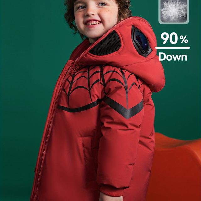 TEMU جاكيت صوف للأولاد من ASK JUNIOR بنقشة عنكبوت، بغطاء للرأس، طرف لامع، 90% من ريش البط الأبيض، تصميم بطل مرح، مناسب للارتداء اليومي في الشتاء أو الحفلات ذات الطابع الخاص