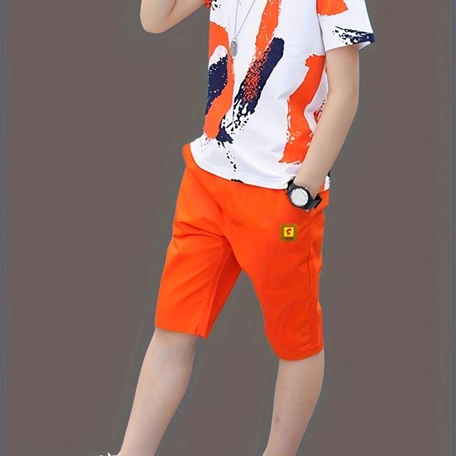 TEMU Fiúk nyári laza sportos divatos kényelmes légáteresztő rövid ujjú rövidnadrág szett, 2 darab, tökéletes a szabadtéri tevékenységekhez