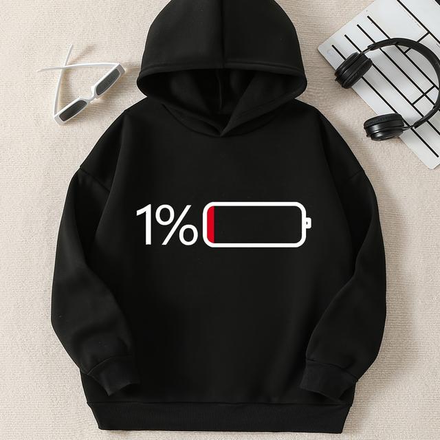 TEMU 1%バッテリーフーディー - 100%バッテリーテーマのプルオーバースウェットシャツ、デザイン、ゆったりフィットの冬用暖かいフード付きセーター＆プレイ、洗濯機対応長袖カジュアルアウター