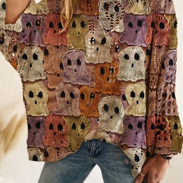 TEMU Plus Size - Women's Halloween-themed Off-shoulder Top - Colorful Bat & Floral Print, Loose Fit, Long Sleeve, Vacation, Casual & Elegant Wear, Halloween Clothing | Relaxed | Stretchy Knitwear