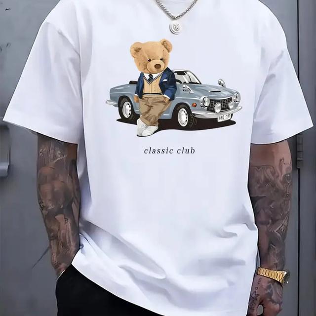 TEMU تيشيرت رجالي مقاس كبير 100% قطن بتصميم دب صغير وسيارة، تصميم كلاسيكي للنادي، قميص قصير الأكمان مريح وصيفي - مقاسات كبيرة