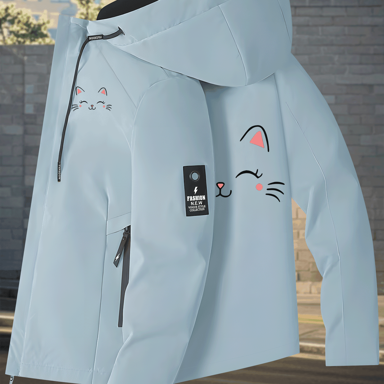 TEMU Chaqueta talla S para mujer con lindo estampado de cara de gato de dibujos animados, cortavientos ligero casual para mujer, adorable chaqueta con temática de gatos
