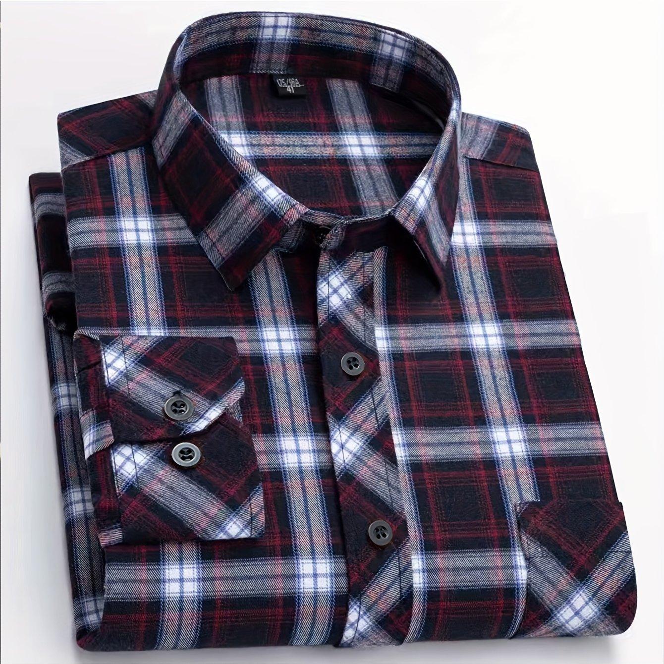 TEMU Camisa de hombre de negocios de manga larga y ajuste holgado casual, a cuadros azules y a cuadros rojos, clásica de múltiples niveles a