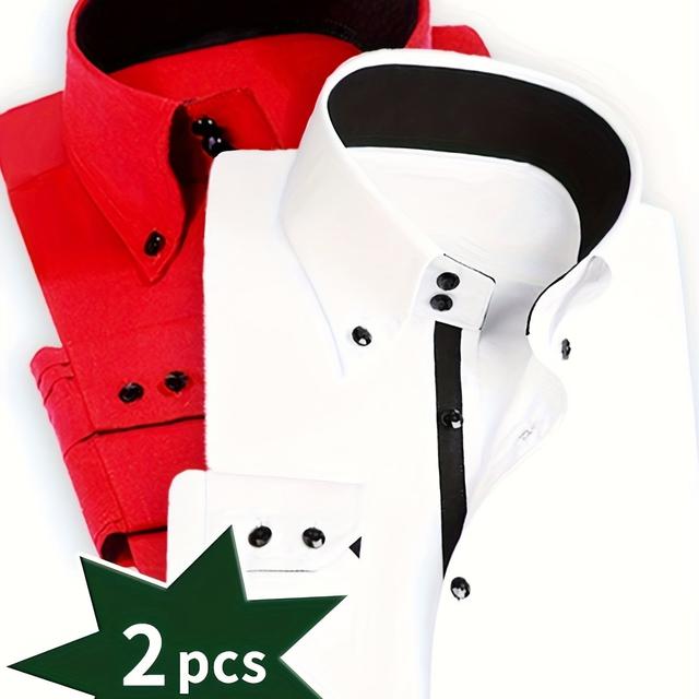 TEMU 2- Pack Men' S Dress Shirts- Solid Color With Stripe Accent, Diamond Snap Buttons, Business Casual Shirt For Work, Meetings, Dates & Events