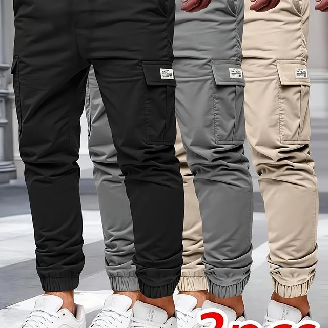 TEMU Casual Cargo Pants For Men Featuring Multiple Pockets - Loose Fit, Waist, Solid Color, Wear, Non-stretch Fabric - Pc Of 3