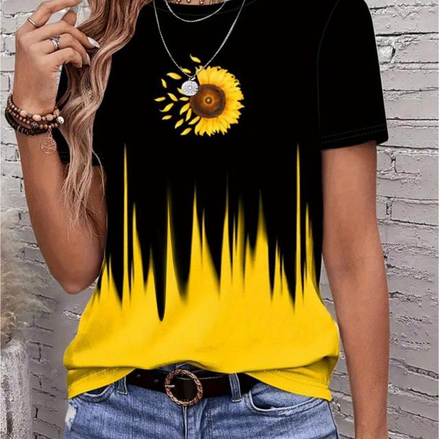 TEMU Black And Yellow Gradient Color- Short-sleeve Round-neck Top With Three-dimensional Sunflower Print, Featuring A Slightly Gathered For An Urban Streetwear Look