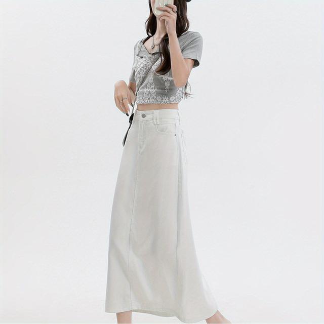 TEMU デニム ディース ハイウエスト デニムスカート 着痩せ 向け Aライン ポケット付き ワークウェア風 無地 通気性抜群 ホワイト無地 春夏 ロング丈 ミディスカート ドレス ストリート 小柄女性に最適 オフィスカジュアル 快適素材 洗練デザイン 可愛い ファンション 着痩せ効果 通勤通学兼用