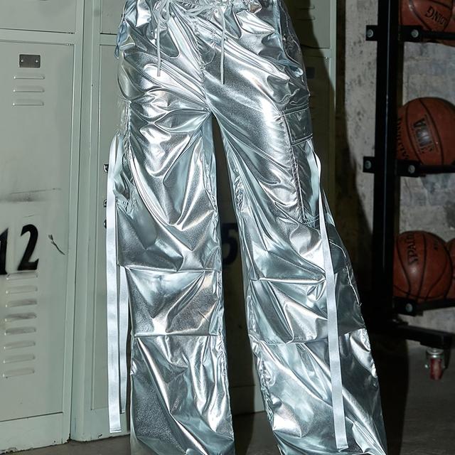 TEMU Zilverkleurige Metalen Tailleband met Trekkoord en Flipzak, Brede Pijpen Parachute Werkbroek