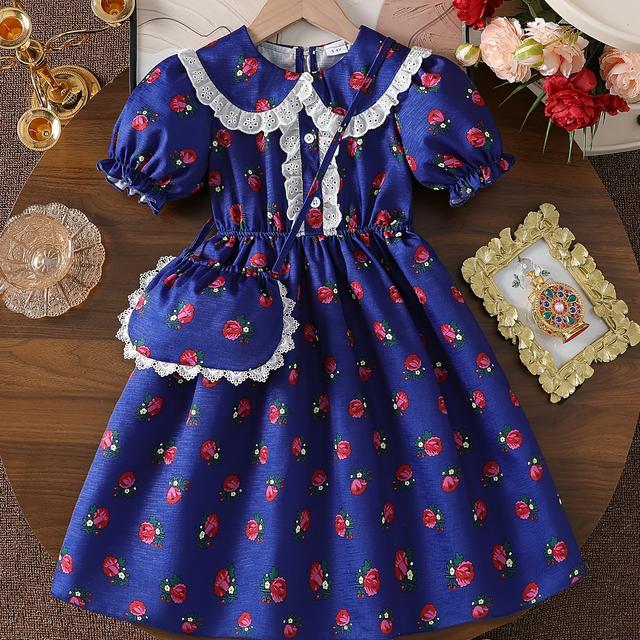 TEMU فستان بناتي من COVIVIKY بطبعة زهور مع نقشة وياقة دمية من الدانتيل الأبيض | أكمام فانوس، دانتيل متباينة، مثالي للربيع/الصيف/