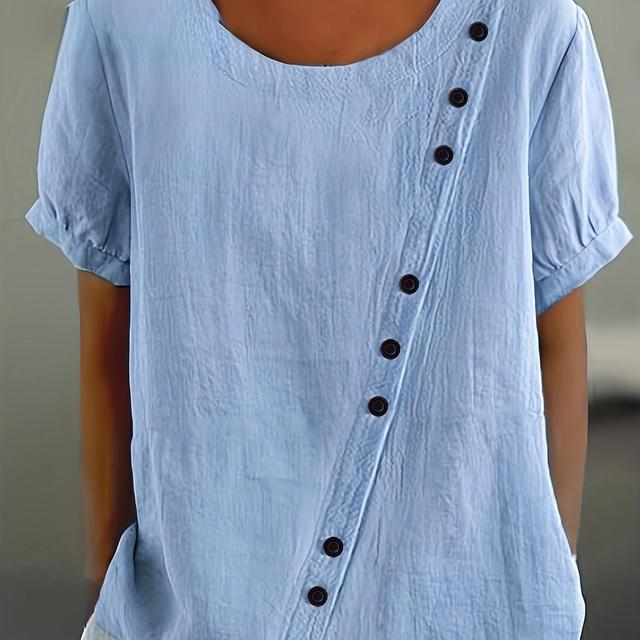 TEMU Plus Size - Damenhemd mit Rundhalsausschnitt und Knopfdetails, Leicht & Atmungsaktiv, für Sommerurlaub & Freizeitpartys, Trendiger Neuer Stil