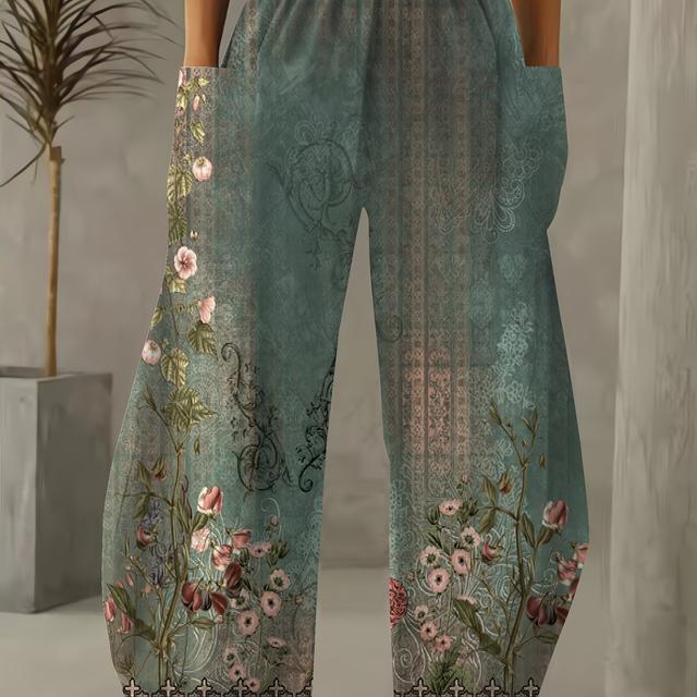 TEMU Wide-Leg Broeken met Schuine Zakken, Casual Bloemenprint Loose Broeken voor Dagelijks Gebruik, Plus-Size Vrouwenkleding met Twee Zakken.