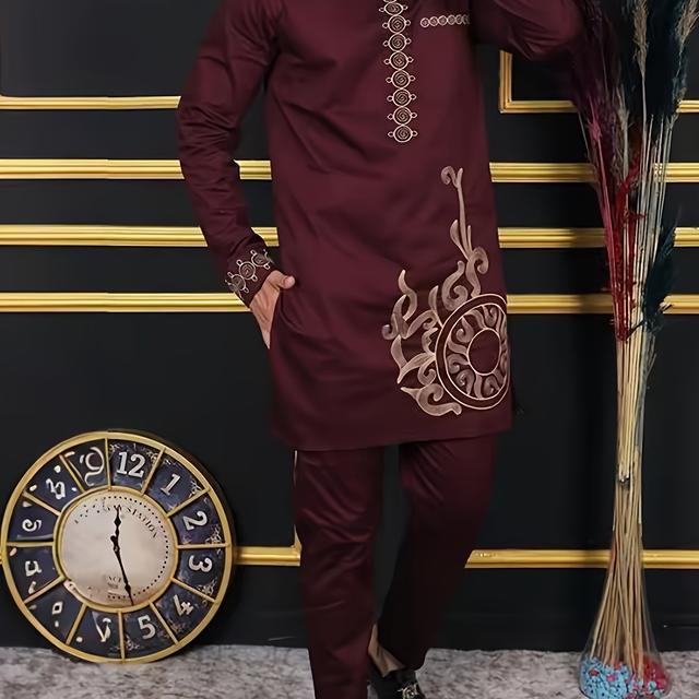 TEMU Afrikanischer Herren 2-teiliger bestickter -Anzug mit langen Ärmeln und Hose mit Kordelzug in Unifarben, traditioneller Anzug von Zhi Yu