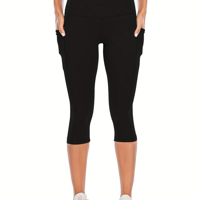 TEMU Damensport Capri Yoga-Hosen 19" Innenbezug Einfarbig Stretch Hochtailliert Sport-Fitness-Leggings mit