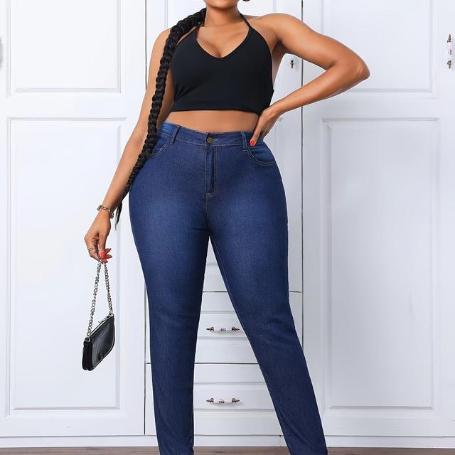 TEMU Women's Plus-size High-waisted Jeans, Stretch Denim Pants And Clothing