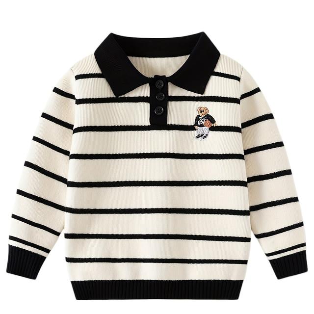 TEMU Kids' Sweater Children Autumn Winter Long-sleeve T-shirt Striped Turn Collar Shirts Korean Style Casual New Arrival