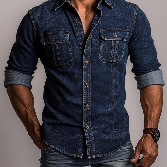 TEMU Men's Fashion Denim Shirt Men's Denim Blouse Denim Shirt Spring Autumn Season Double-pocket Denim Shirt Casual Long Sleeve Versatile Denim Top
