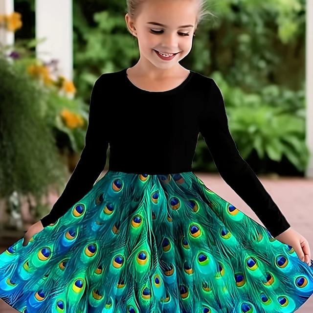 TEMU Girls' Casual Printed Long Sleeve Dress, For Teenager
